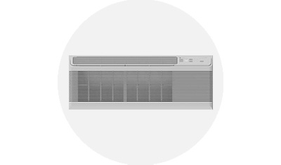 GE Appliances PTAC product isolated on top of a light grey circle